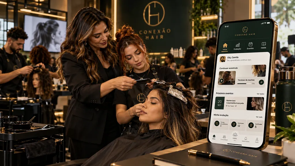 Professora e aluna em aula prática de mechas com o aplicativo Conexão Hair aberto ao lado
