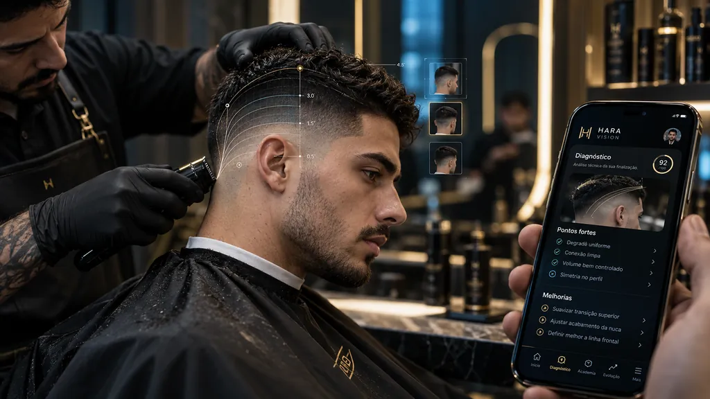 Barbeiro finalizando degradê enquanto o HARA Vision exibe o diagnóstico técnico do corte no celular