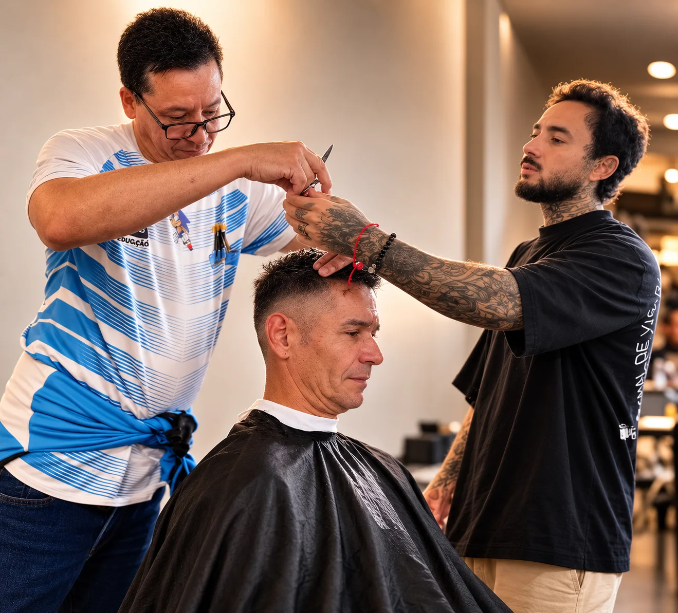 Professor da HAIR Academia conduzindo aula prática de corte com aluno no salão escola