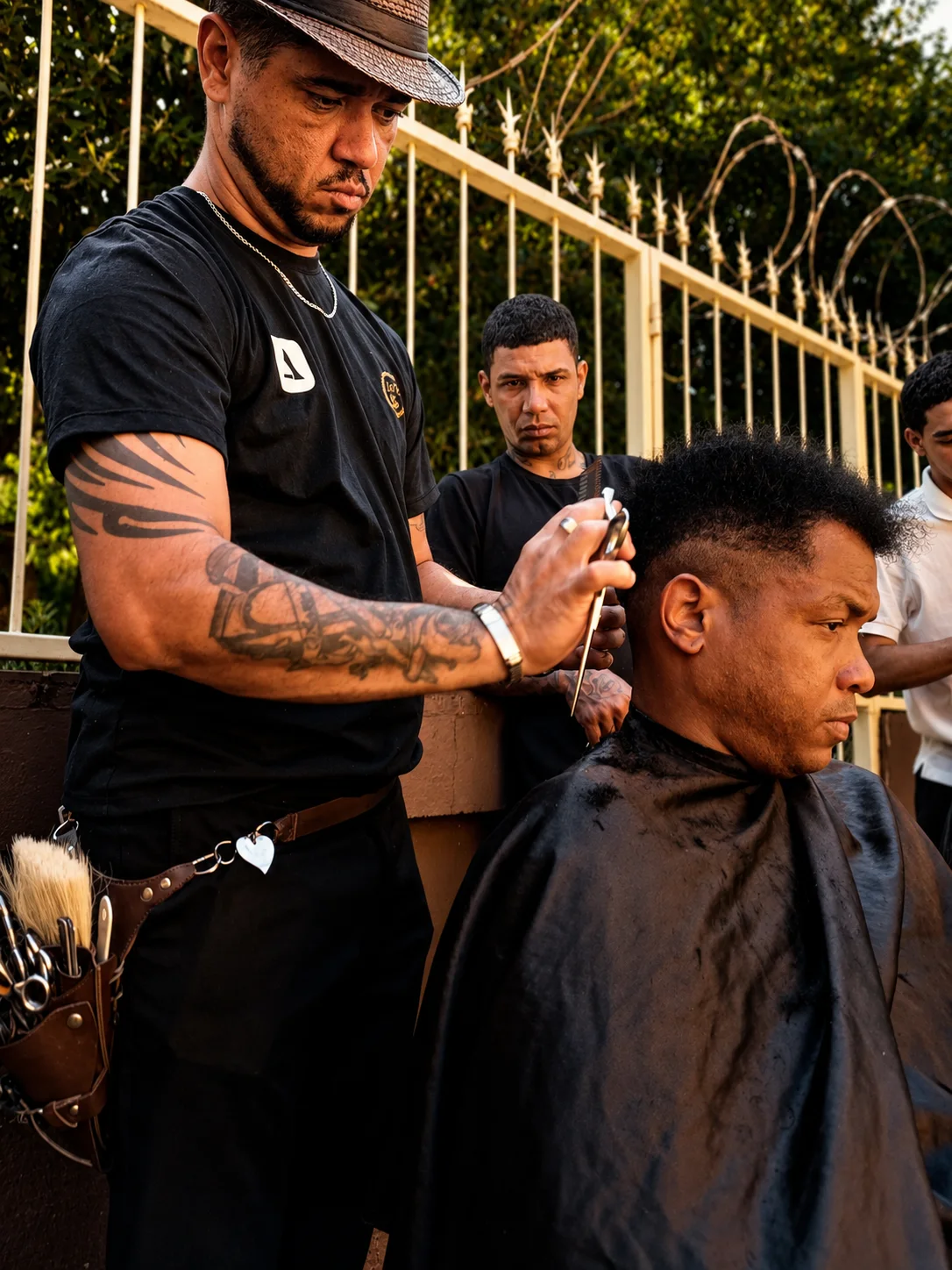 Barbeiro da HAIR realizando cortes gratuitos durante ação social ao ar livre