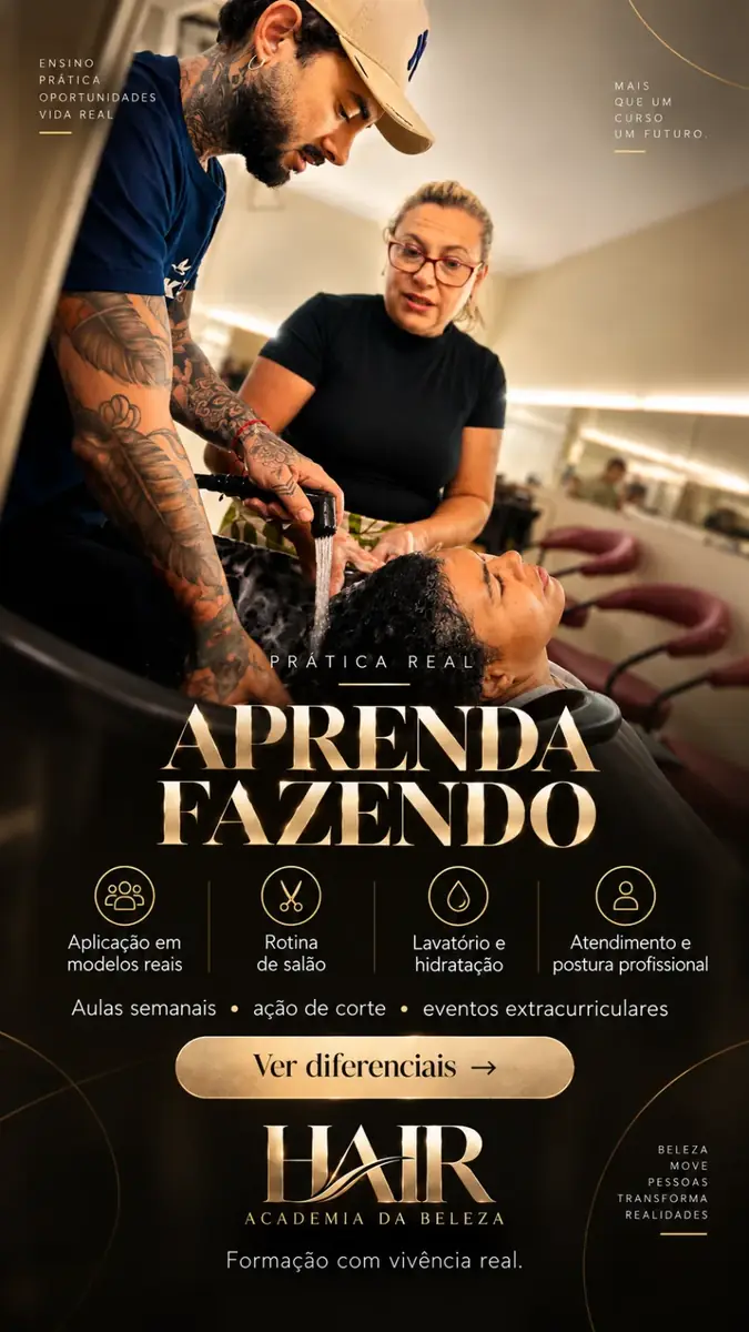 Aprenda fazendo: prática real em modelos, rotina de salão, lavatório e hidratação, atendimento e postura profissional