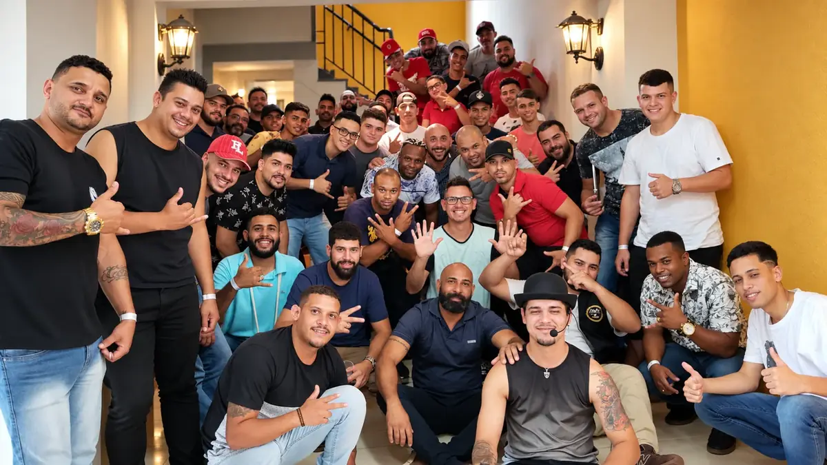 Turma de barbeiros da HAIR reunida na escada, depois da aula